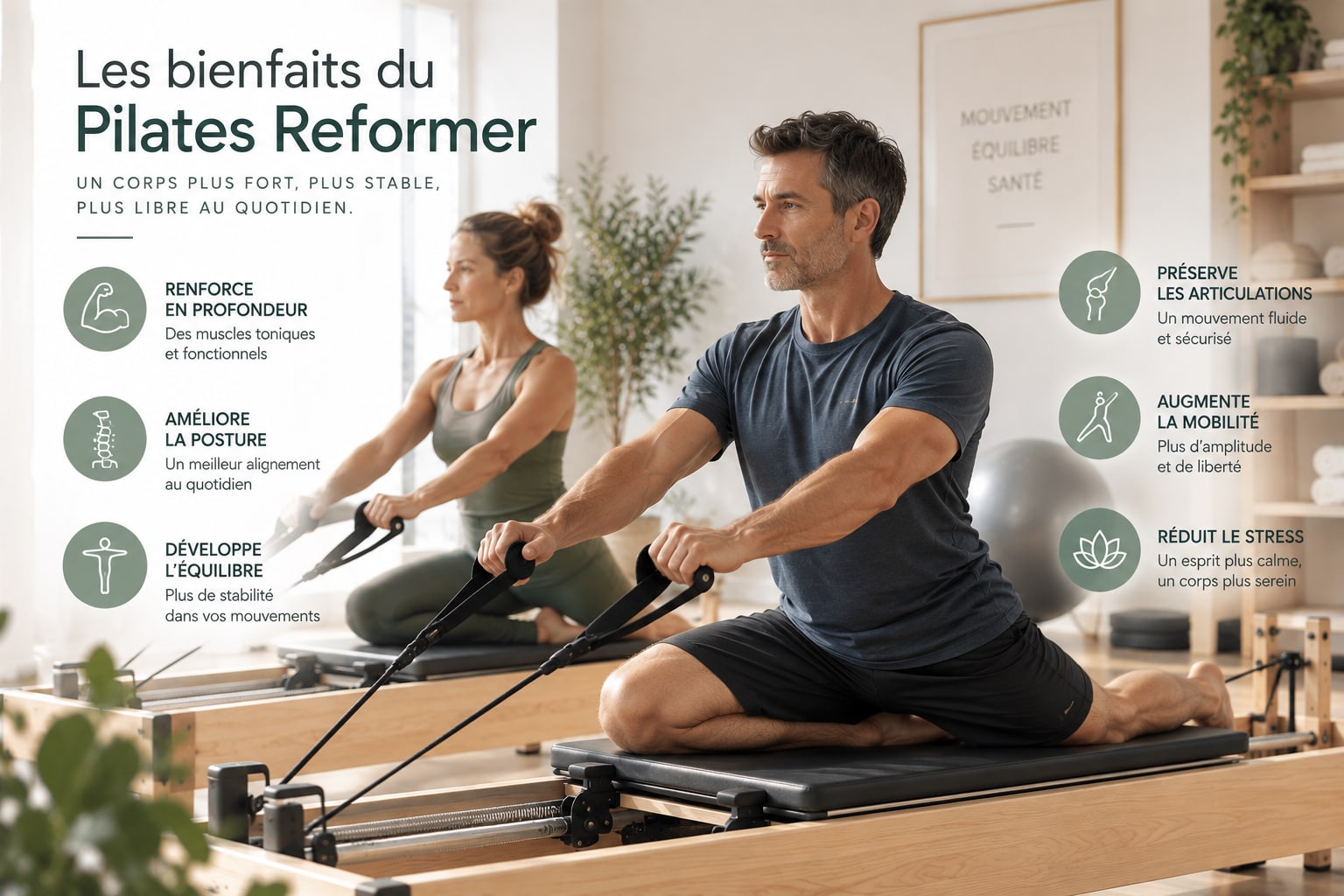 Deux élèves sur le Reformer, sangles tendues, avec le préparateur