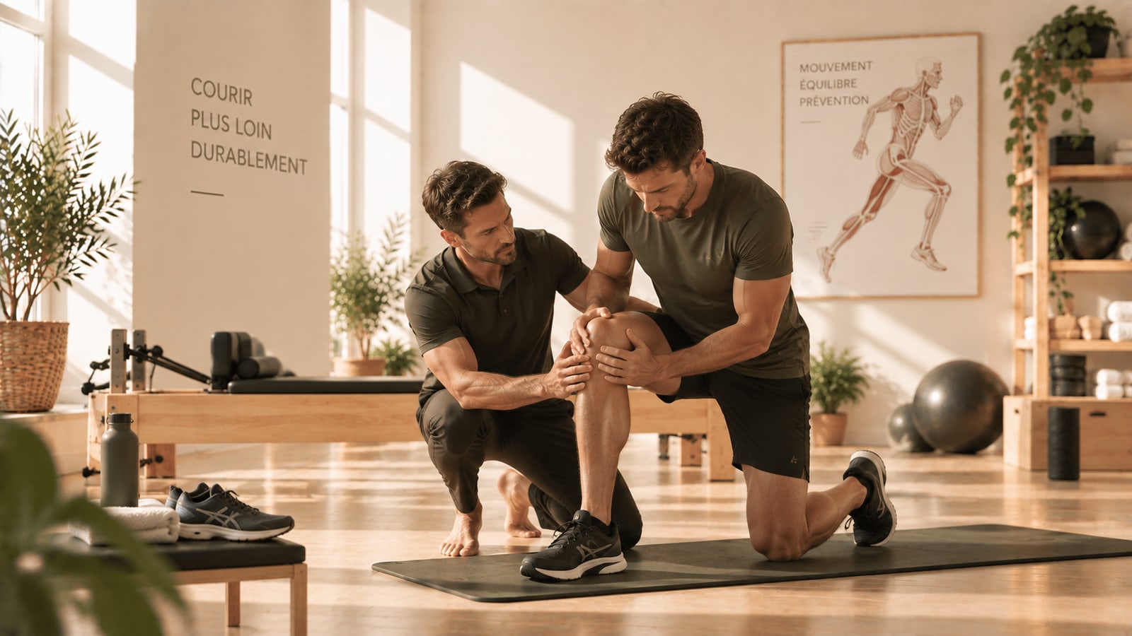 Coureur au sol, genou examiné par le préparateur dans le studio