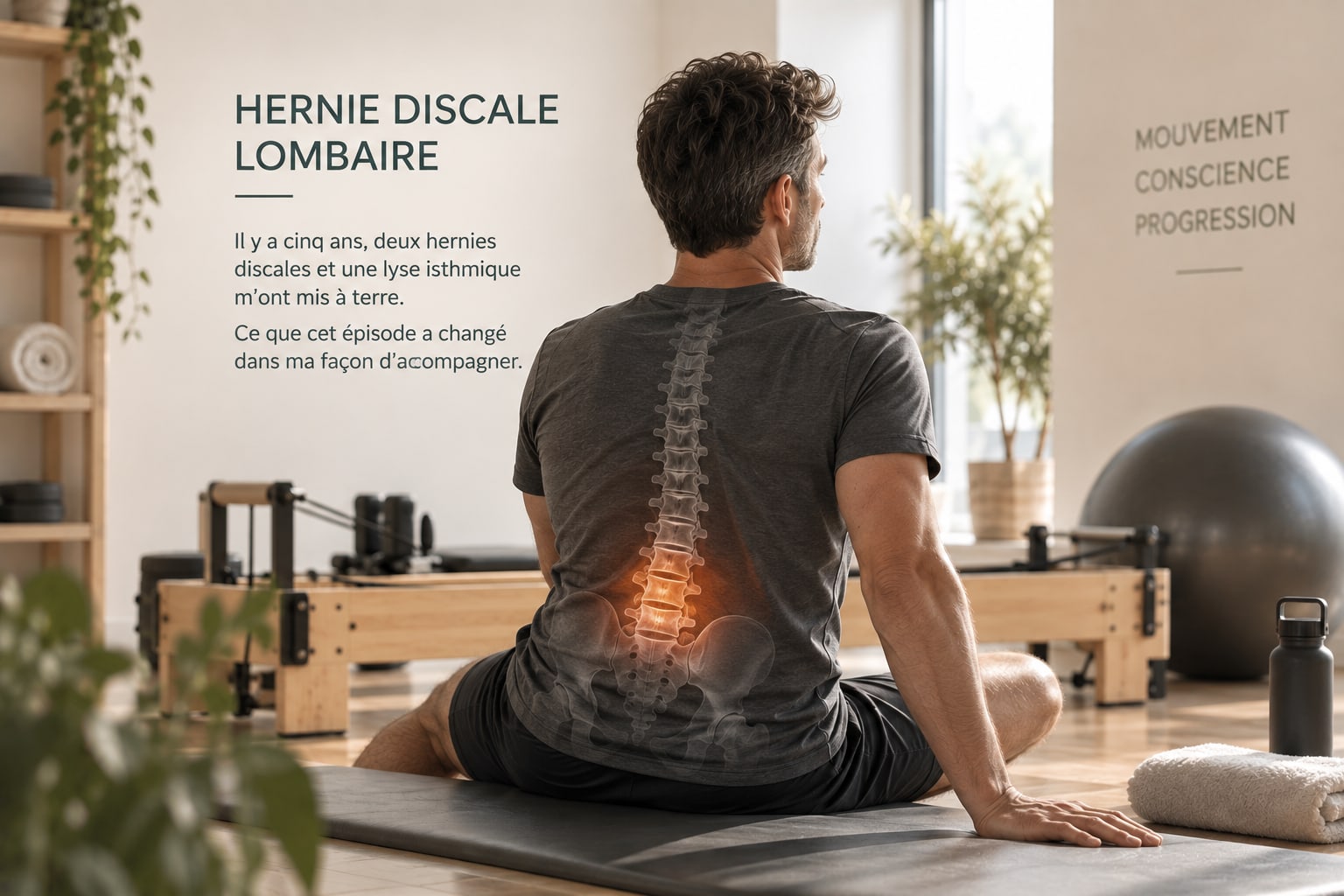 Homme assis de dos dans le studio, colonne lombaire mise en évidence