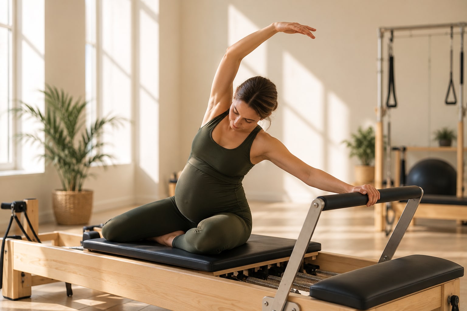 Femme enceinte assise sur le Reformer, bras levé en étirement latéral
