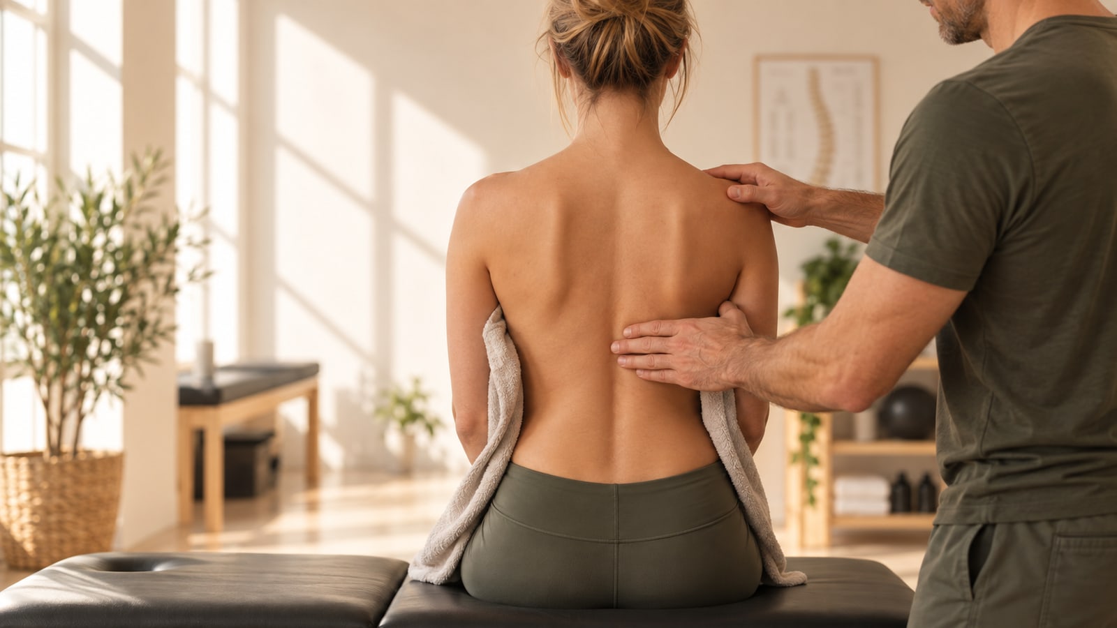 Femme assise de dos, colonne dessinée, le praticien pose les mains sur le dos