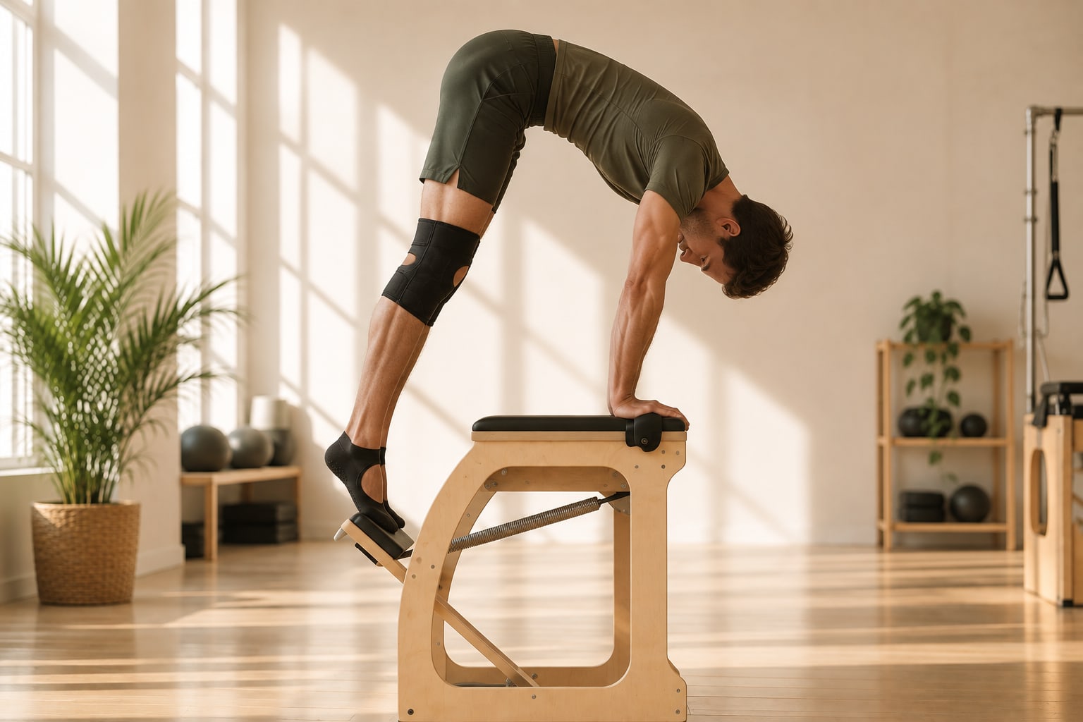 Homme en appui sur la Chair de Pilates, jambes tendues, dans le studio
