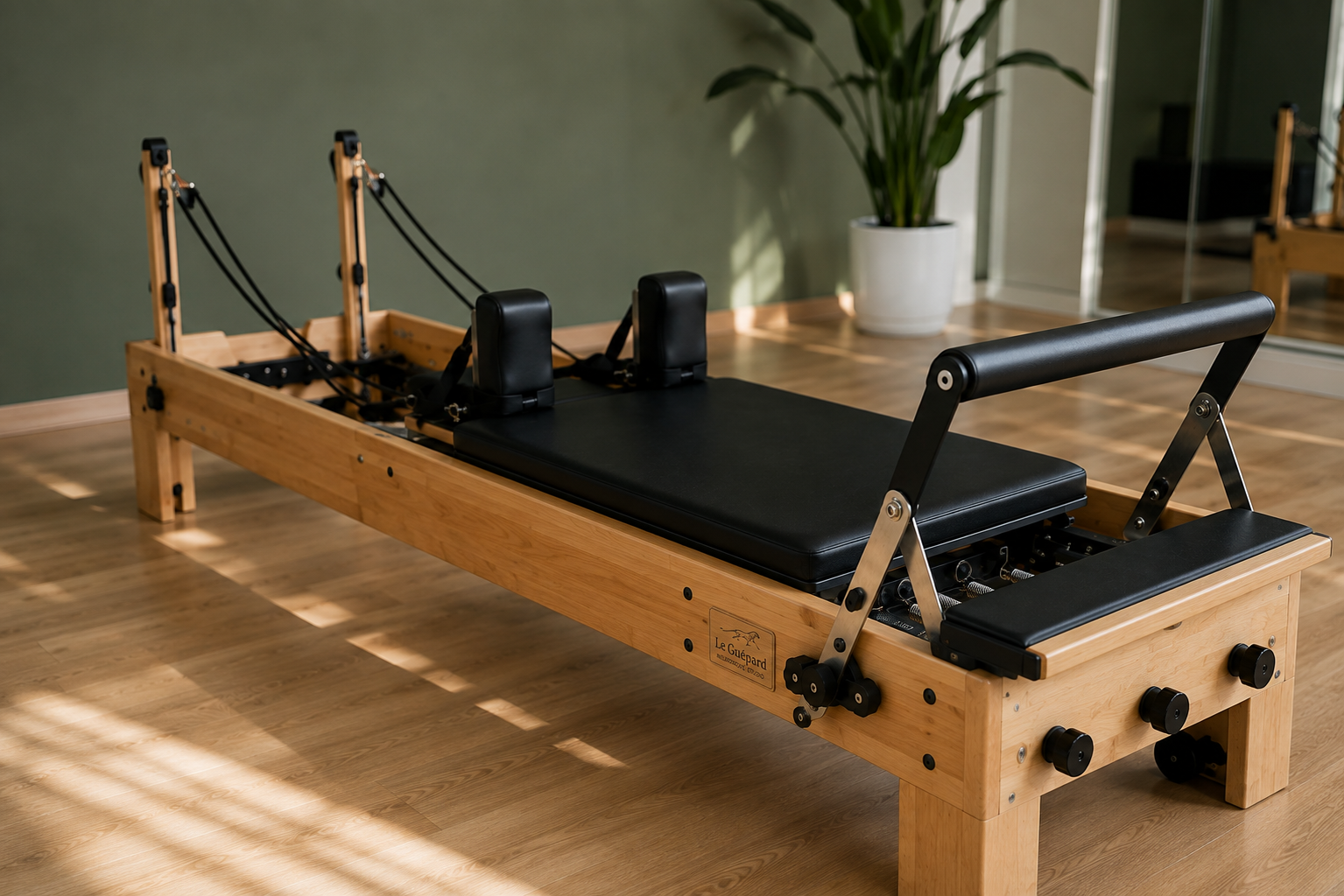 Reformer en bois dans un studio lumineux, plantes et grande fenêtre