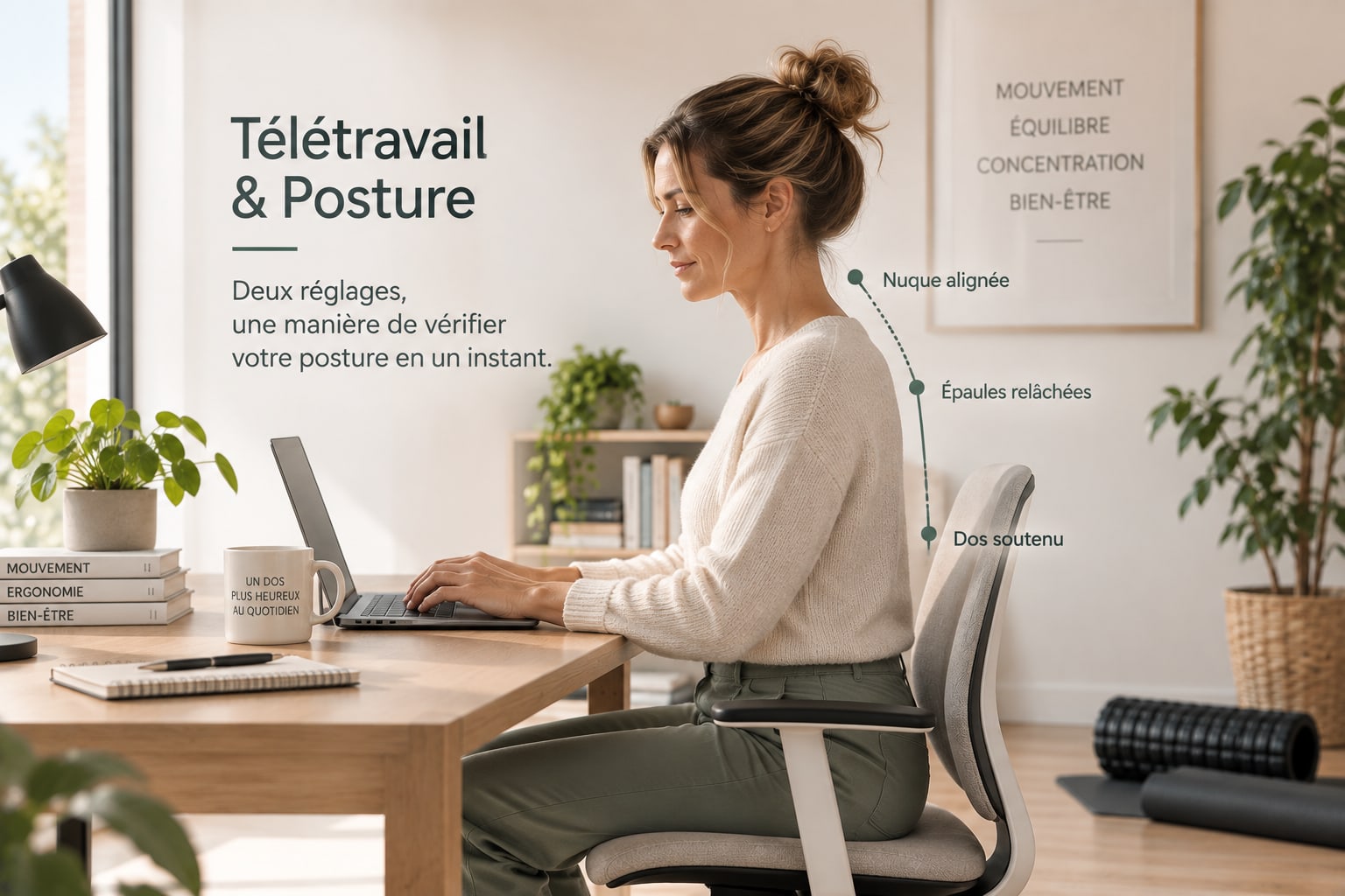 Femme assise à son bureau devant un ordinateur portable, posture alignée